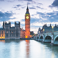 a view of Westminster bridge in London, with Houses of Parliament, and Big Ben in the background