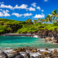 a black-sand beach with aqua water and palm trees on a rocky coast
