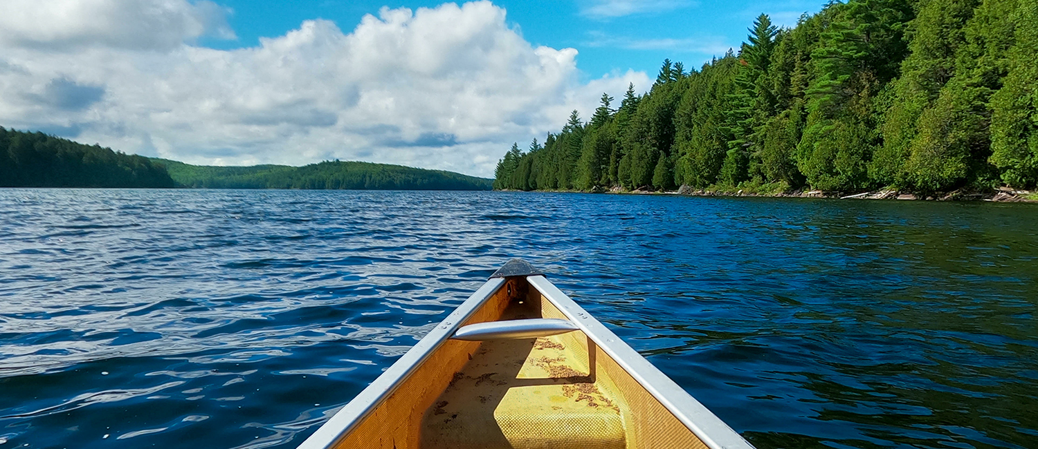 the front of a canoe heading into blue water with trees on both sides 